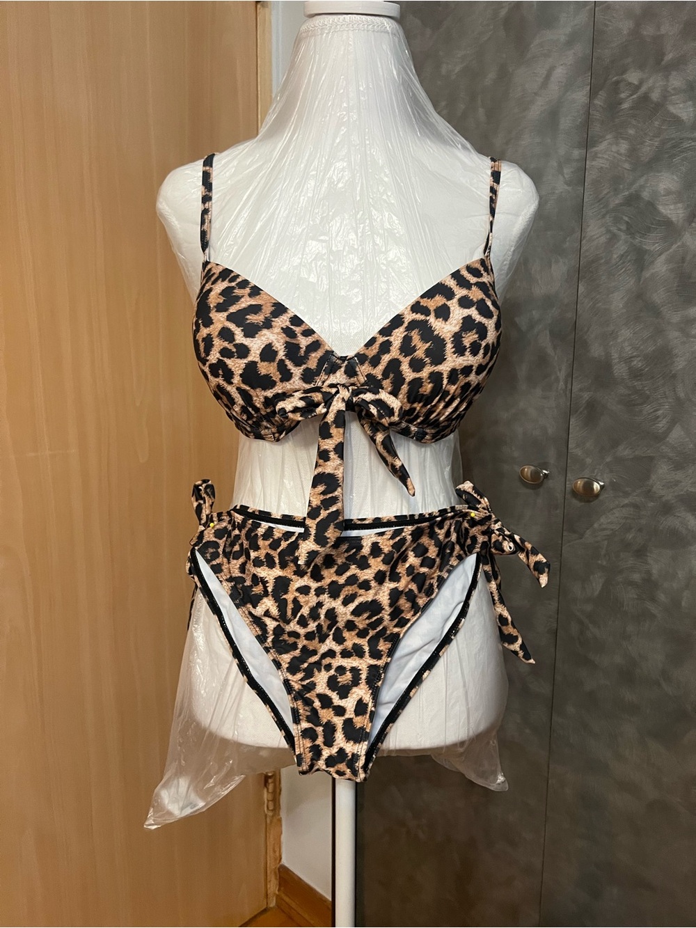 Leopard Print Tie-Front Bikini Set - Brown